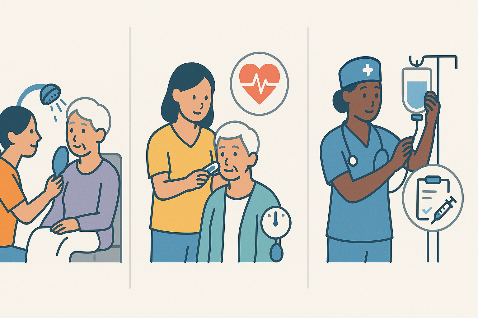 Diagram comparing levels of trusted in home services with illustrated caregivers providing personal care, health monitoring, and skilled nursing support