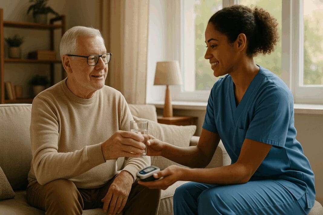 Elderly man receiving in-home support from a caregiver offering water, illustrating how to pay for home health care.