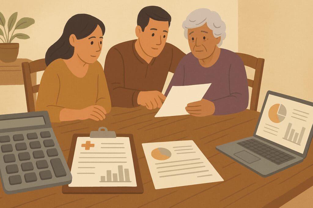 Family reviewing medical bills and financial documents at a dining table with a laptop and calculator, illustrating how to pay for home health care.









