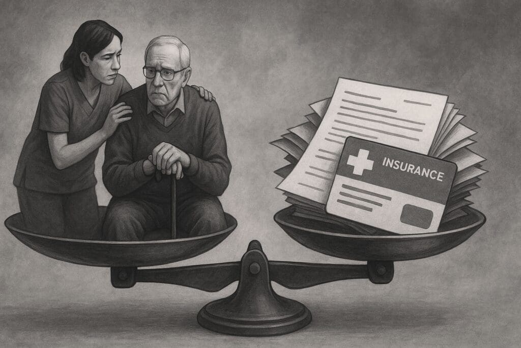 Symbolic scale showing elderly man and caregiver balanced against insurance documents, representing how to pay for home health care.