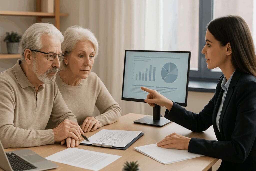 Senior couple meeting with financial advisor to review how to pay for home health care insurance options on a computer screen.








