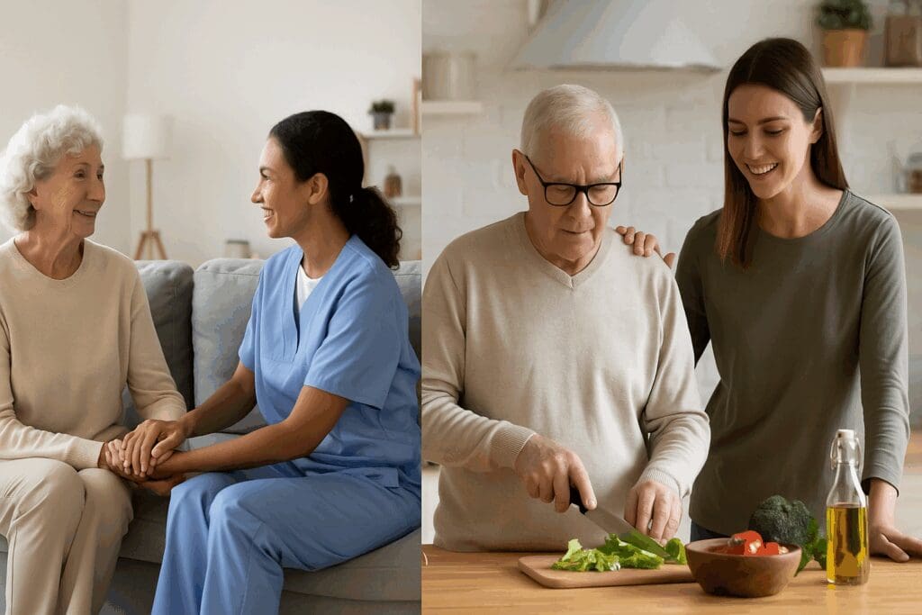 Professional caregiver and family member each assisting elderly parents at home, illustrating how to pay for home health care.


