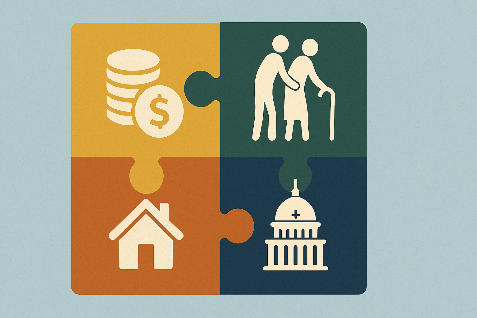 Four puzzle pieces symbolizing how to pay for home health care, including coins, elderly care, a house, and U.S. government support.