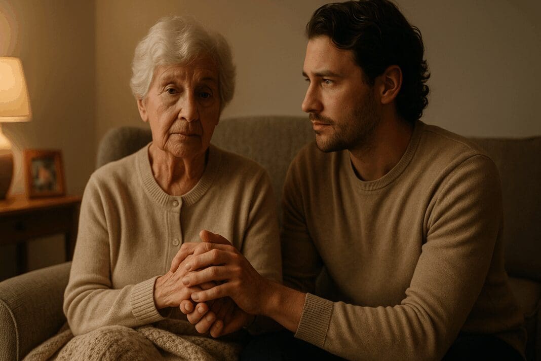 Adult child gently holding hands with elderly parent in a cozy living room, symbolizing how to help a parent with dementia through love and support.