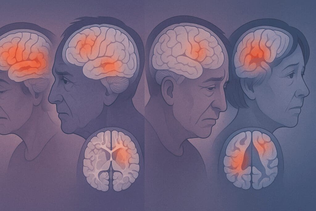Medical illustration showing how to help a parent with dementia by visualizing Alzheimer’s, Lewy body, vascular, and frontotemporal dementia in affected brain regions.