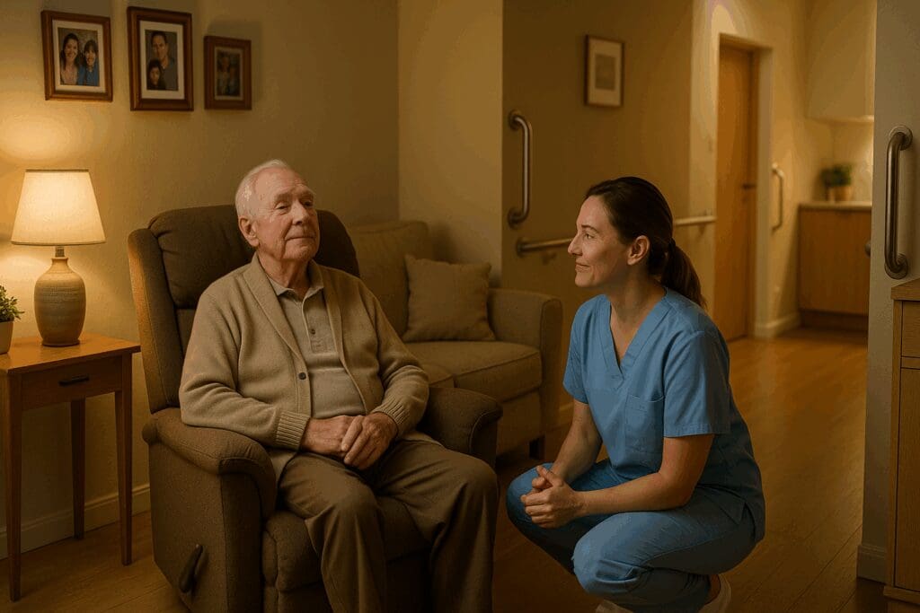 Caregiver kneeling beside elderly parent in a cozy home setting with grab bars, soft lighting, and family photos—showing how to help a parent with dementia safely at home.

