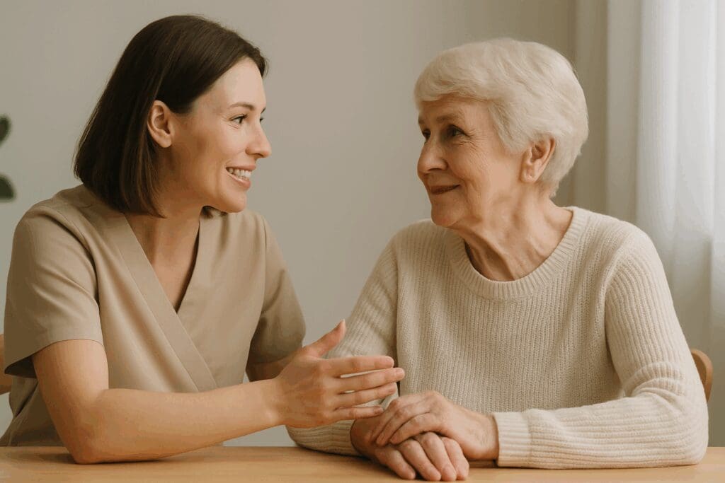 Caregiver smiling and using gentle gestures while speaking with an elderly parent at a table, illustrating how to help a parent with dementia.








