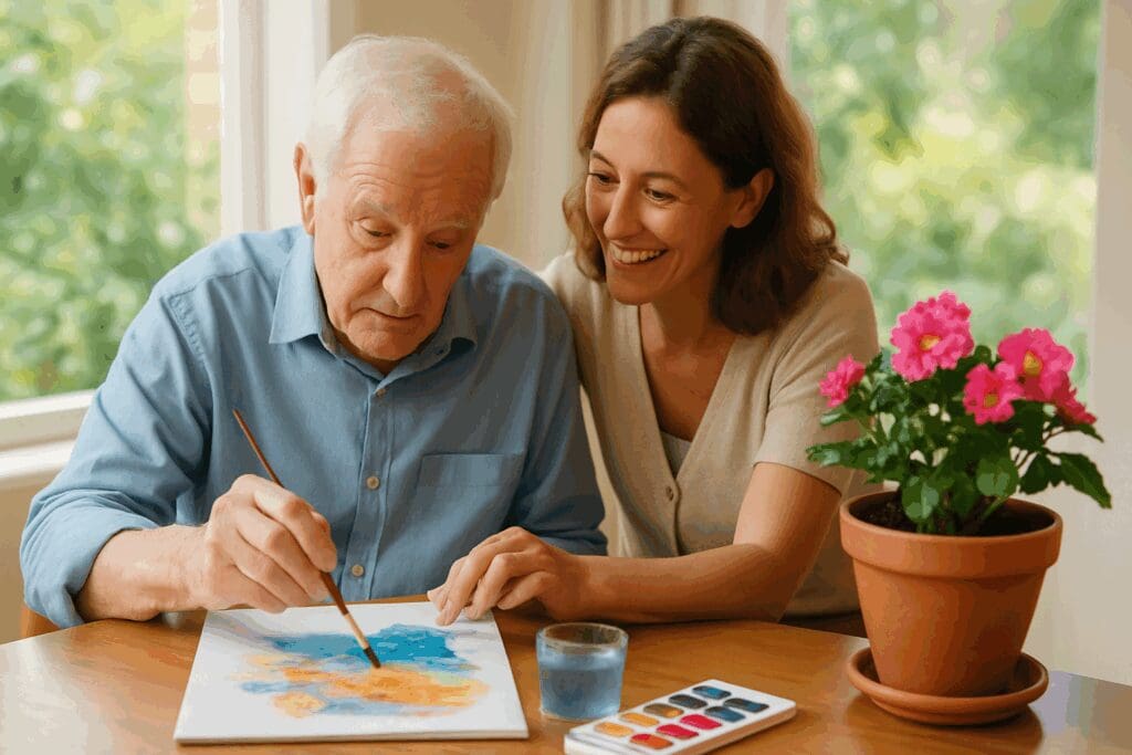 Elderly man with dementia painting beside smiling caregiver, showing how to help a parent with dementia through creative activities

