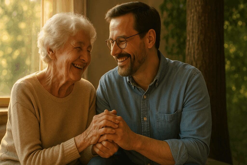 Adult son holding hands with his elderly mother, sharing a quiet smile by a sunlit window, showing how to help a parent with dementia through emotional connection.








