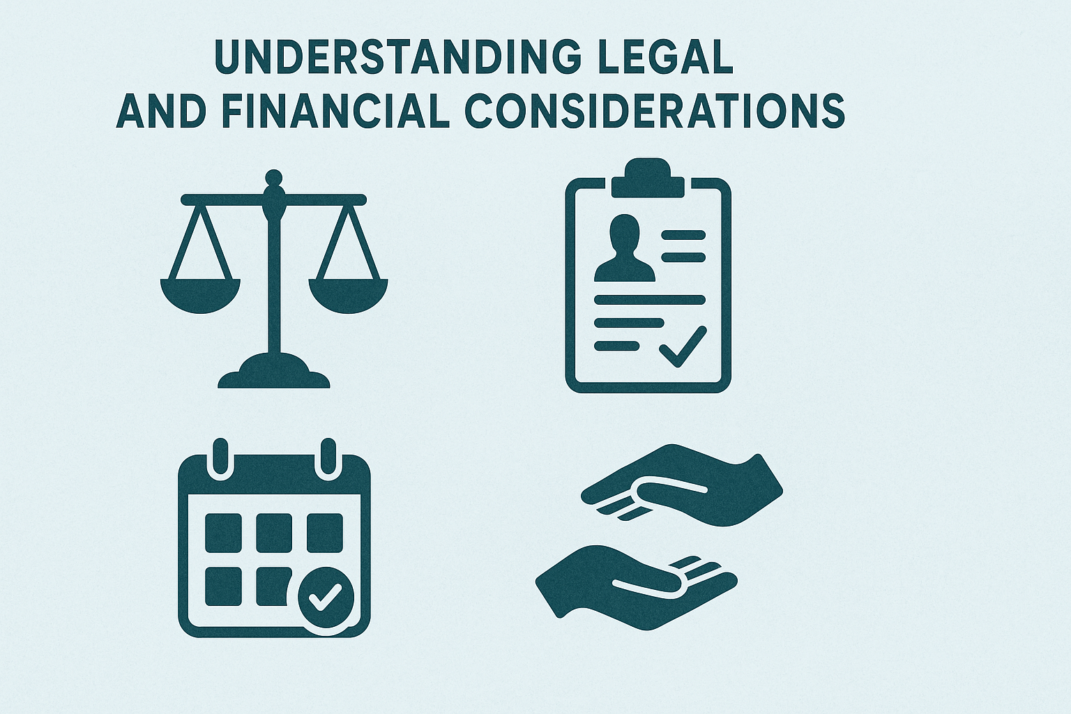 Infographic visually explaining how to help a parent with dementia through legal and financial planning icons like justice scales, documents, calendar, and supportive hands