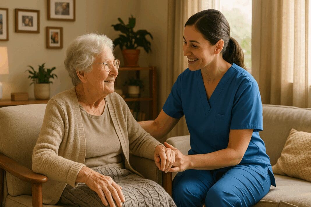 Caregiver smiling while assisting an elderly woman at home, illustrating how to get in-home care with dignity and compassion.