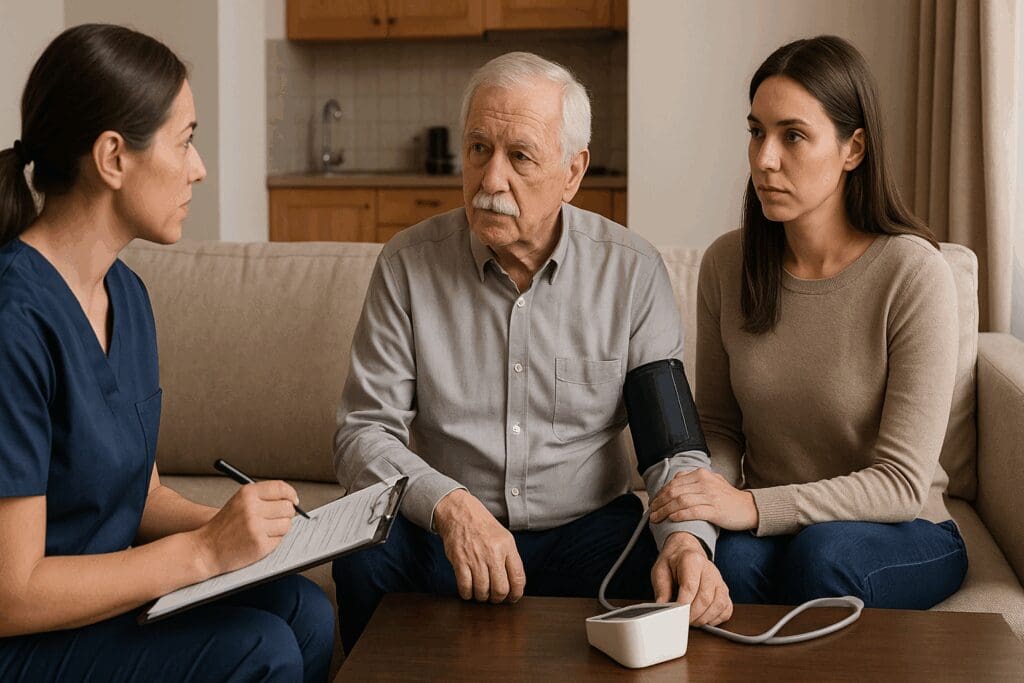Caregiver conducting a needs assessment with an elderly man and his daughter, illustrating how to get in-home care.

