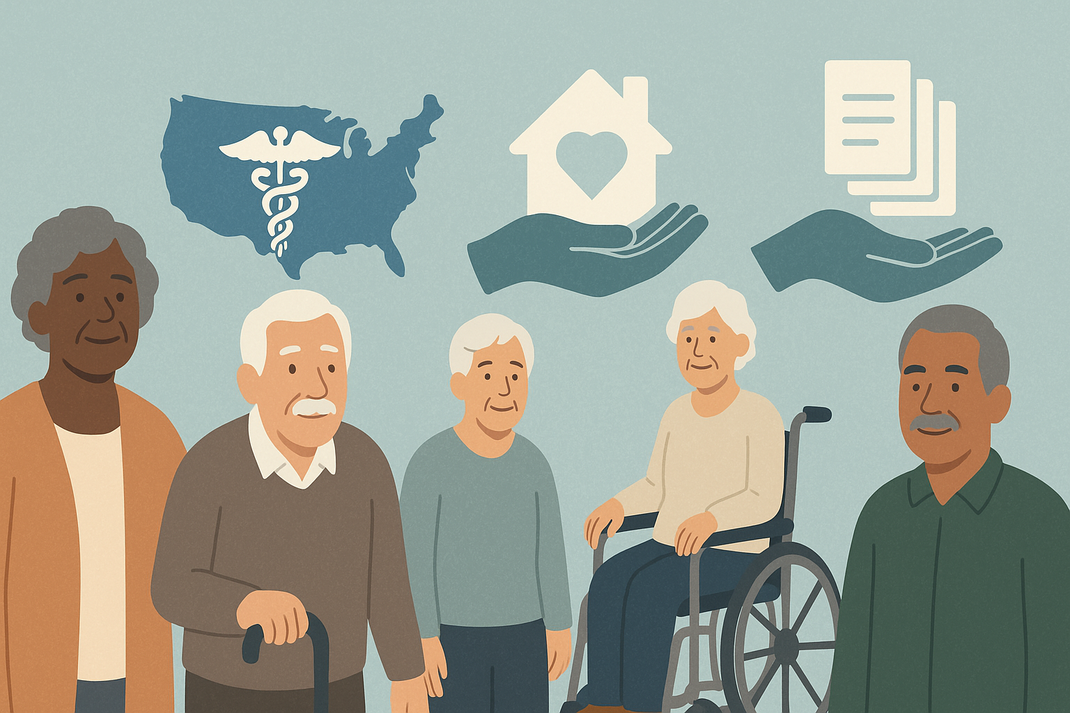 Diverse older adults with icons representing Medicaid, home support, and digital forms, illustrating how to get in-home care access.