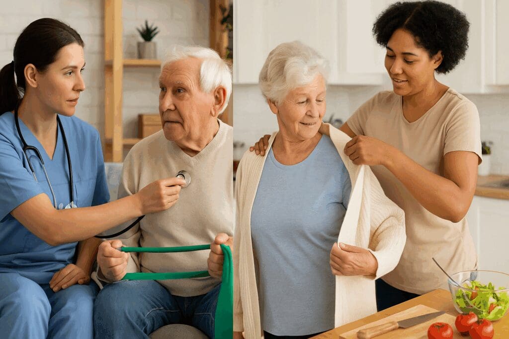 Split-screen showing how to get in-home care, with a nurse providing medical care to an elderly man and a caregiver helping a senior woman dress.
