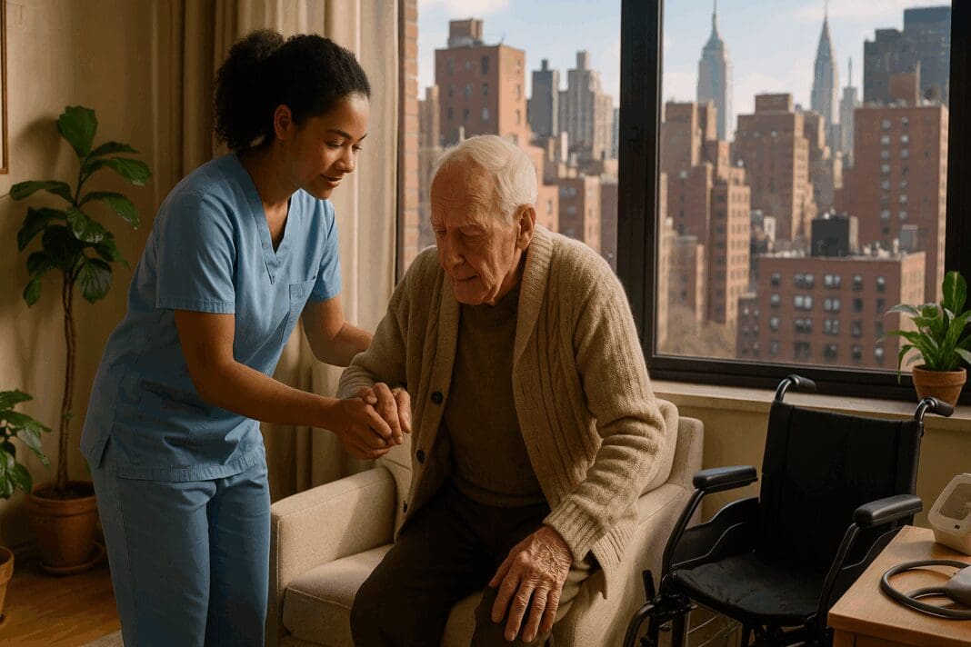 Compassionate caregiver assisting an elderly man in a cozy Manhattan apartment, representing quality respite care in NYC.