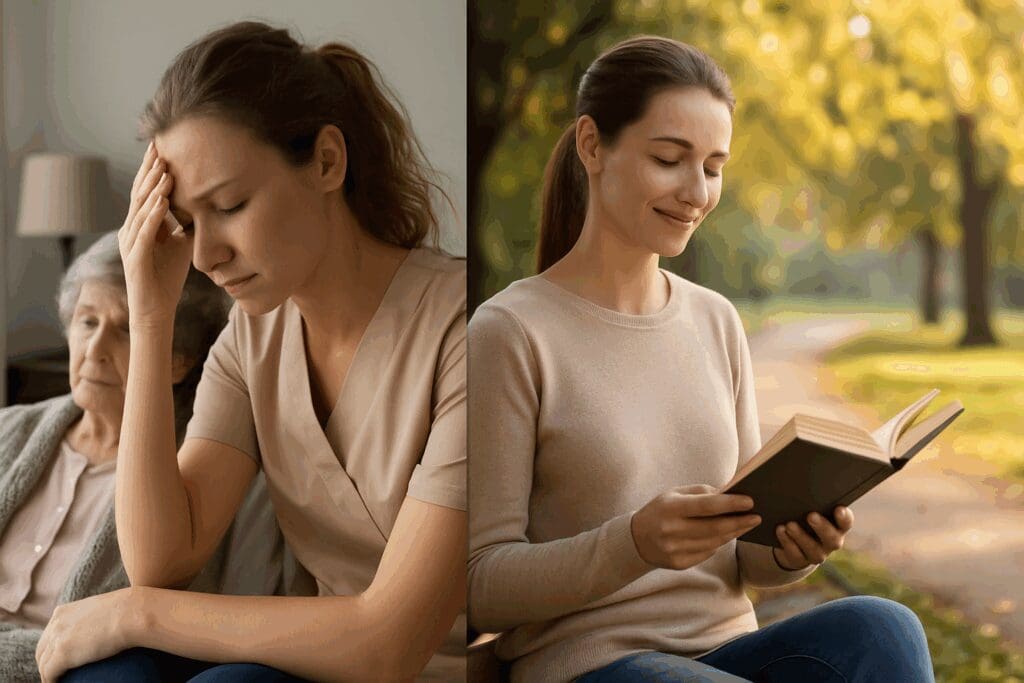 Stressed caregiver assisting an elderly woman indoors, contrasted with the same caregiver enjoying peaceful time in a park, symbolizing the benefits of respite care in NYC.

