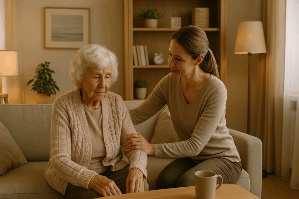 Caregiver gently supporting elderly woman with dementia in a warm, home-like setting for respite care in NYC.