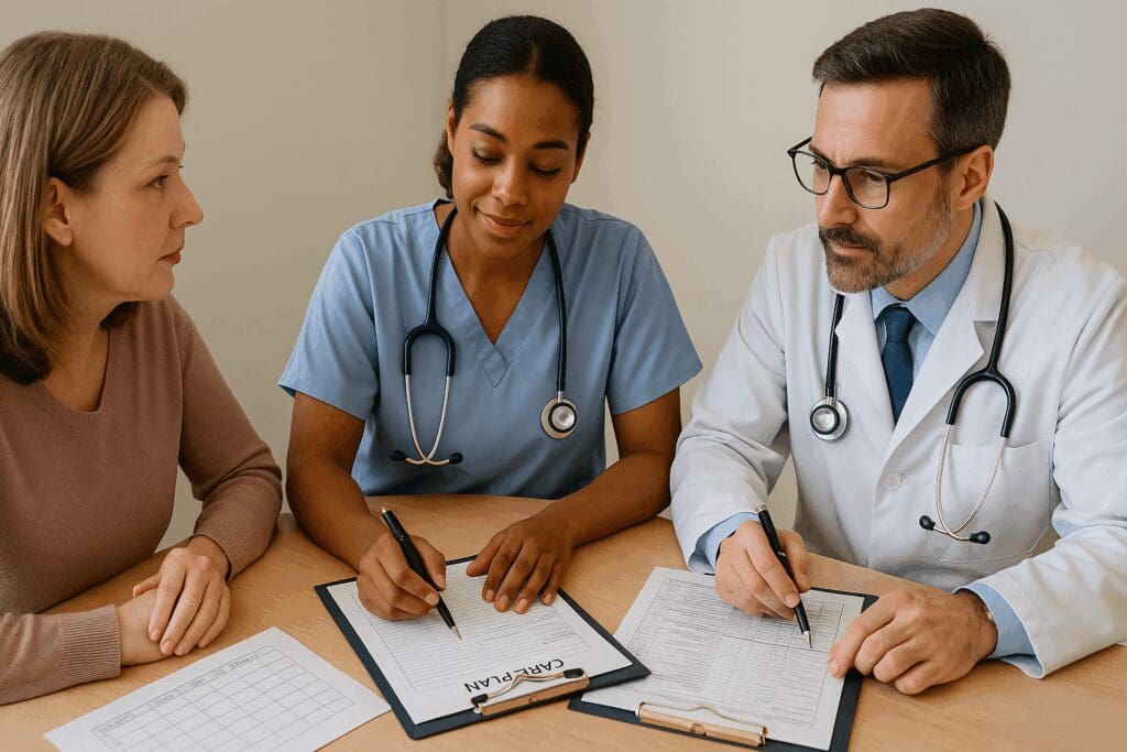 Family caregiver, nurse, and doctor collaborating on a senior care plan to coordinate respite care in NYC.