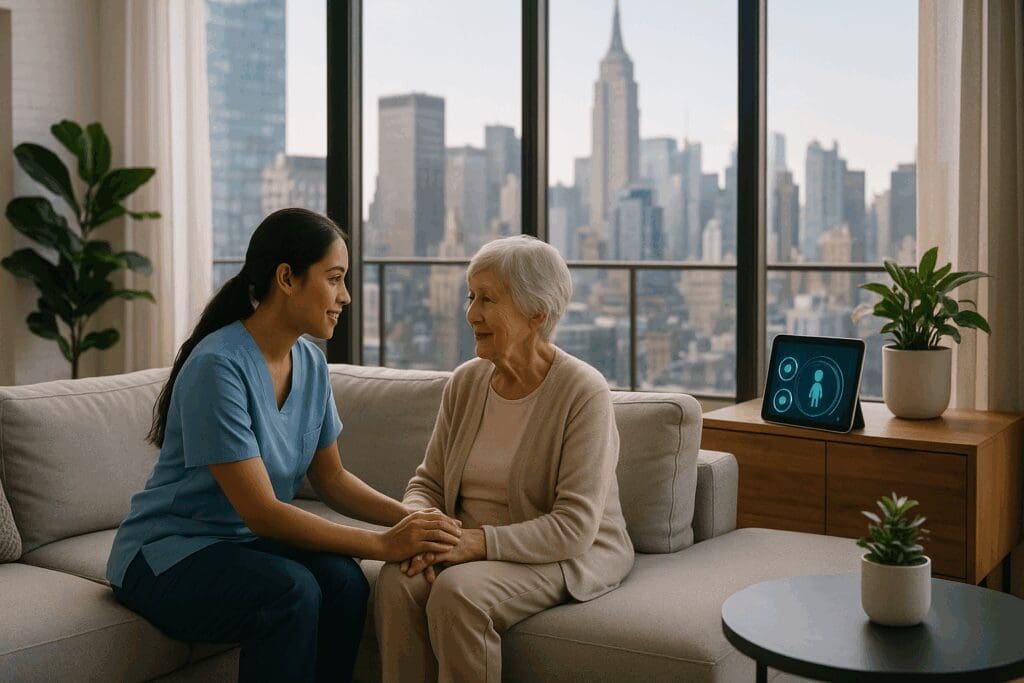 Caregiver assisting an elderly woman in a modern NYC apartment with digital health tech in the background, illustrating respite care in NYC.

