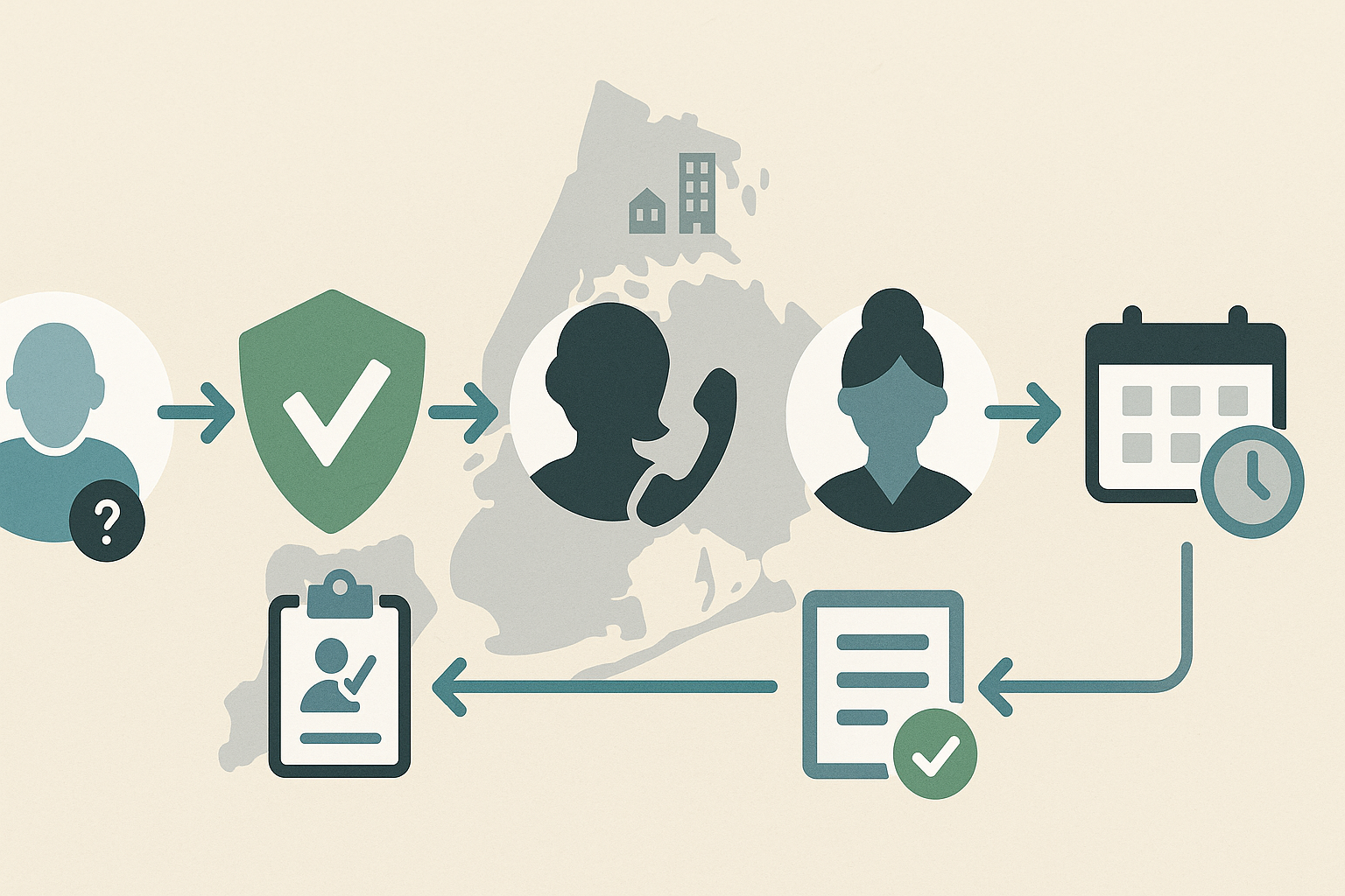 Infographic showing five steps to access respite care in NYC, including eligibility, contact, assessment, and service scheduling.

