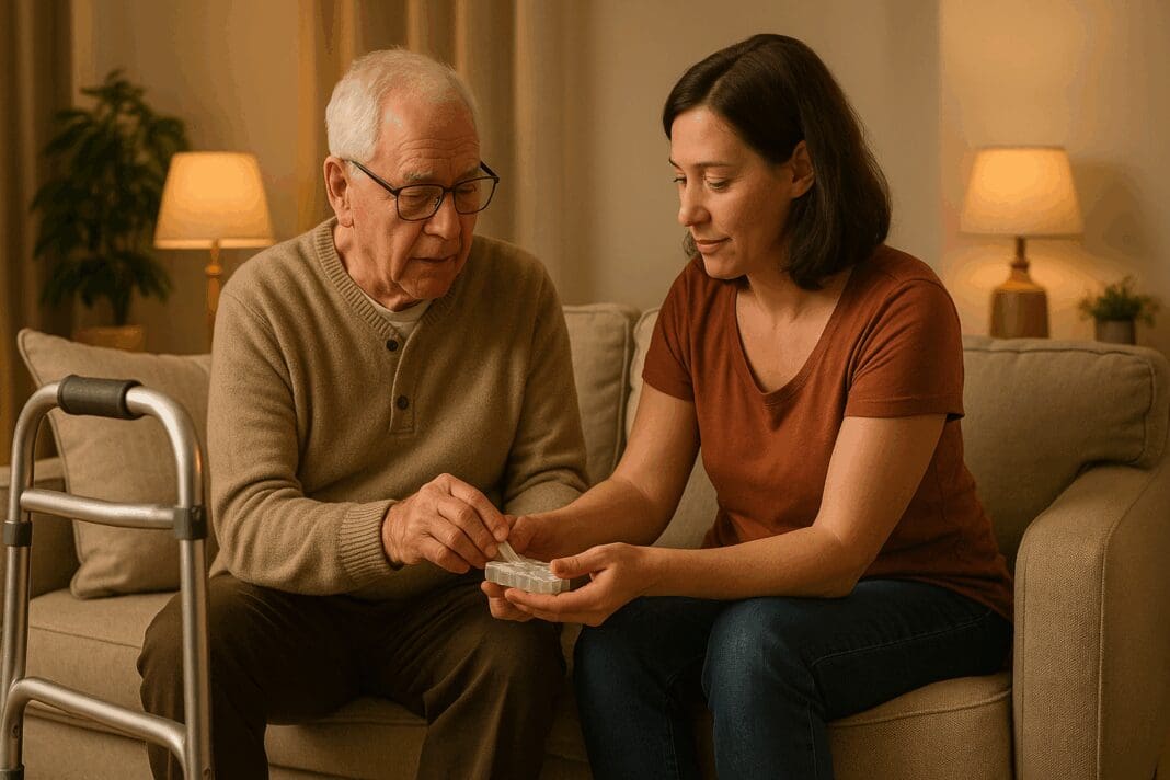 Middle-aged woman assisting an elderly man with medication in a cozy home, showing how to become a certified caregiver for a family member.