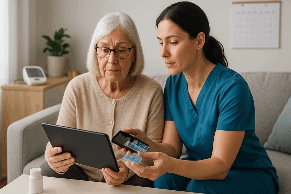 Family caregiver helping elderly woman with a telehealth session and organizing medication, showing how to become a certified caregiver for a family member.

