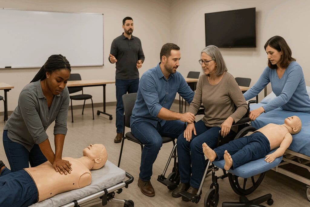 Adults learning how to become a certified caregiver for a family member in a hands-on training class with mannequins and mobility practice.