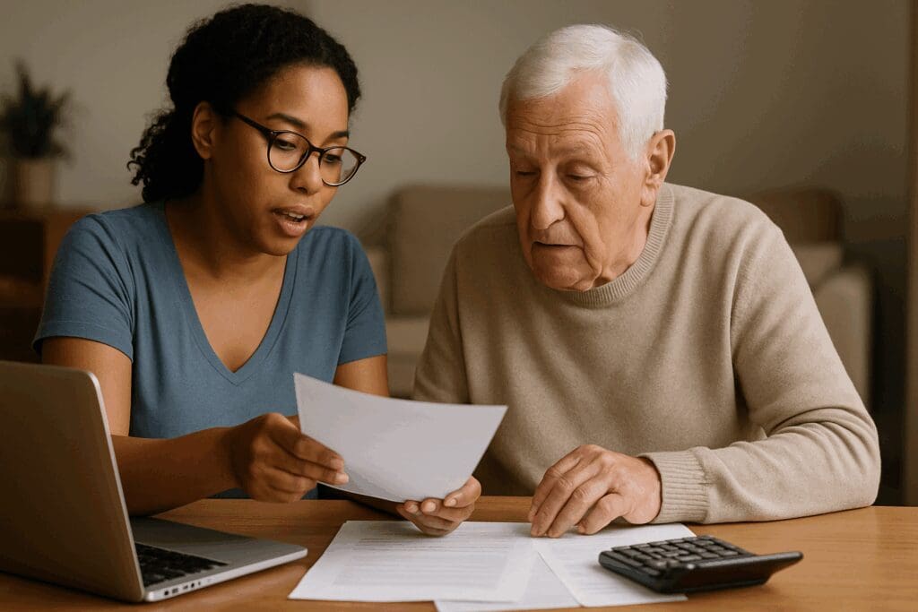 Young caregiver reviewing financial paperwork with elderly parent at home, showing how to become a certified caregiver for a family member.