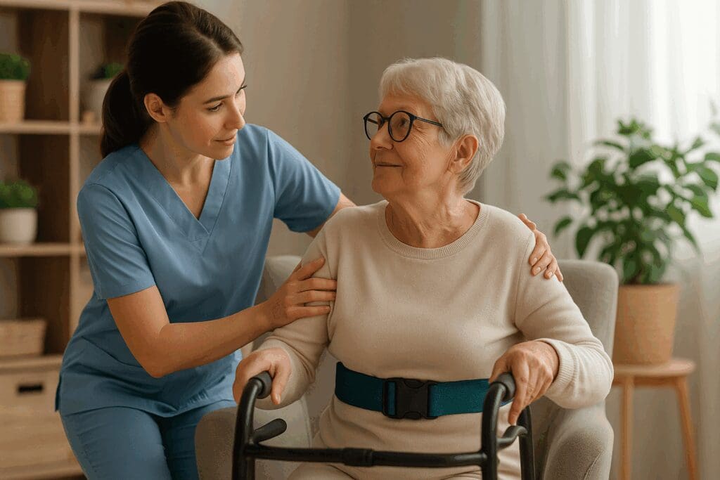 Caregiver in blue scrubs assisting an elderly woman with a walker during a hands-on dementia care training, illustrating how to become a certified caregiver for a family member.

