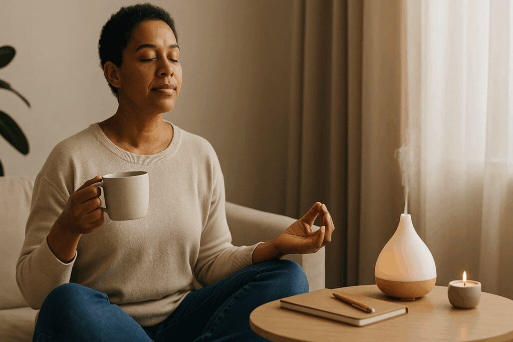 Caregiver practicing meditation with tea and aromatherapy diffuser, showing how to become a certified caregiver for a family member through self-care and emotional resilience.

