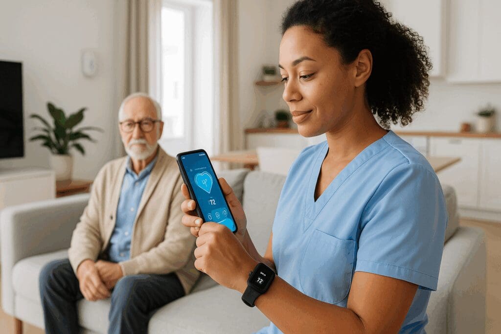 Caregiver using a mobile health app and smartwatch in a modern home while assisting an elderly man, illustrating how to become a certified caregiver for a family member.








