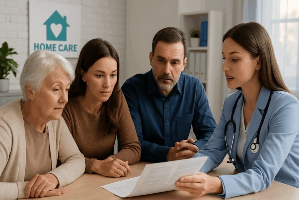 Family meeting with care coordinator in a modern home care office to review elder care service plans








