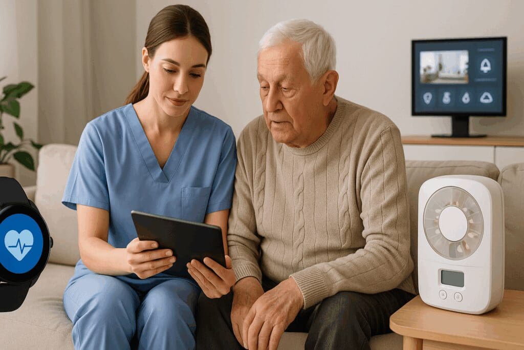 Caregiver using a digital tablet to assist an elderly man in a tech-enabled home care office with smart health devices.








