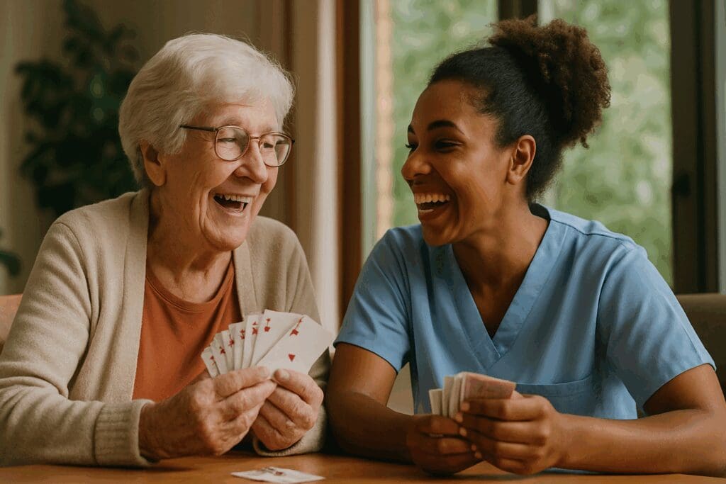 Senior woman and caregiver laughing together while playing cards in a home care office setting, showing warm companionship.


