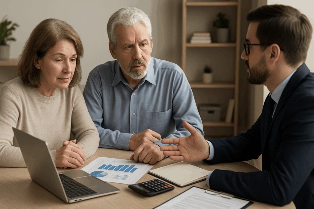 Couple meeting with advisor in a home care office to review senior care expenses and financial plans