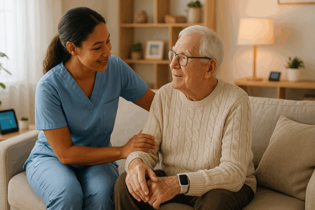 Home care carers supporting an elderly man in a cozy living room, with warm lighting and modern health tech in the background.