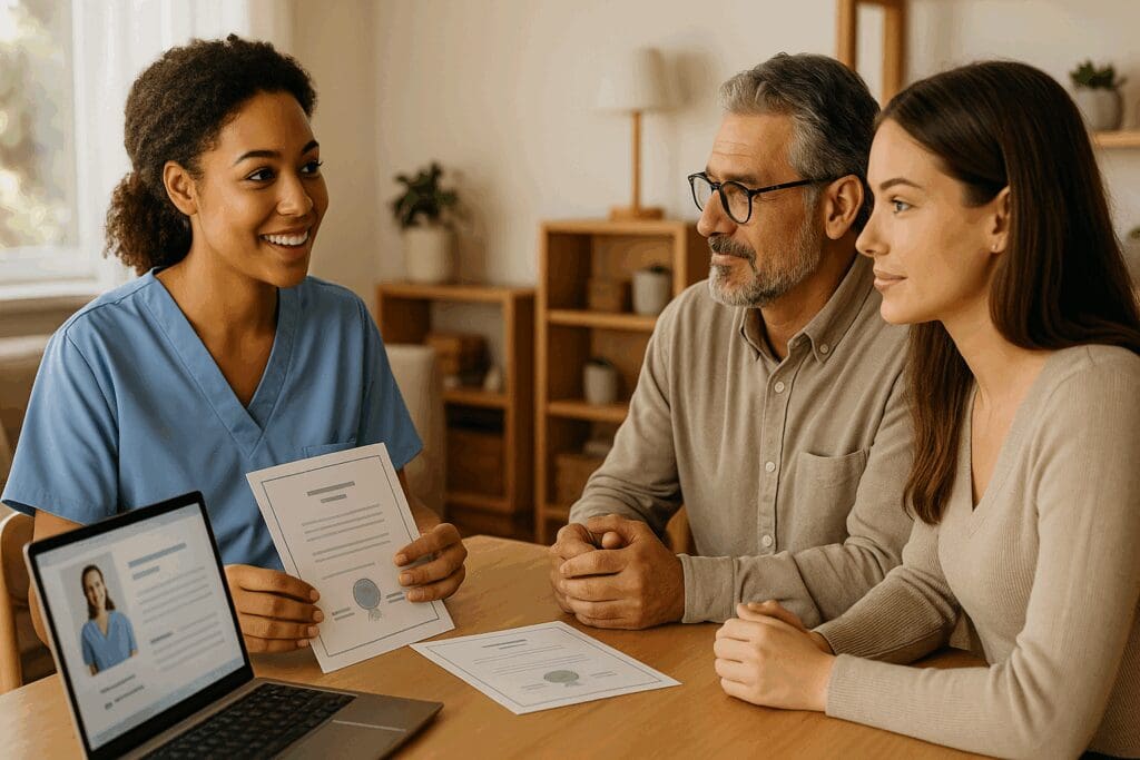 Professional home care carers meeting with a family to review caregiver qualifications and certifications in a well-lit home setting.








