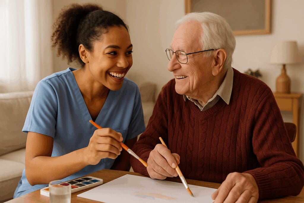 Cheerful home care carers painting with an elderly man in a cozy living room, showing emotional connection and personalized care.


