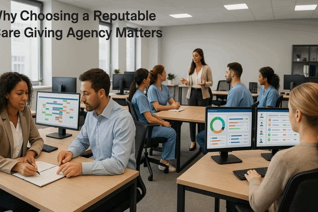 Care agency office with home care carers attending training while staff coordinate schedules and monitor digital dashboards.

