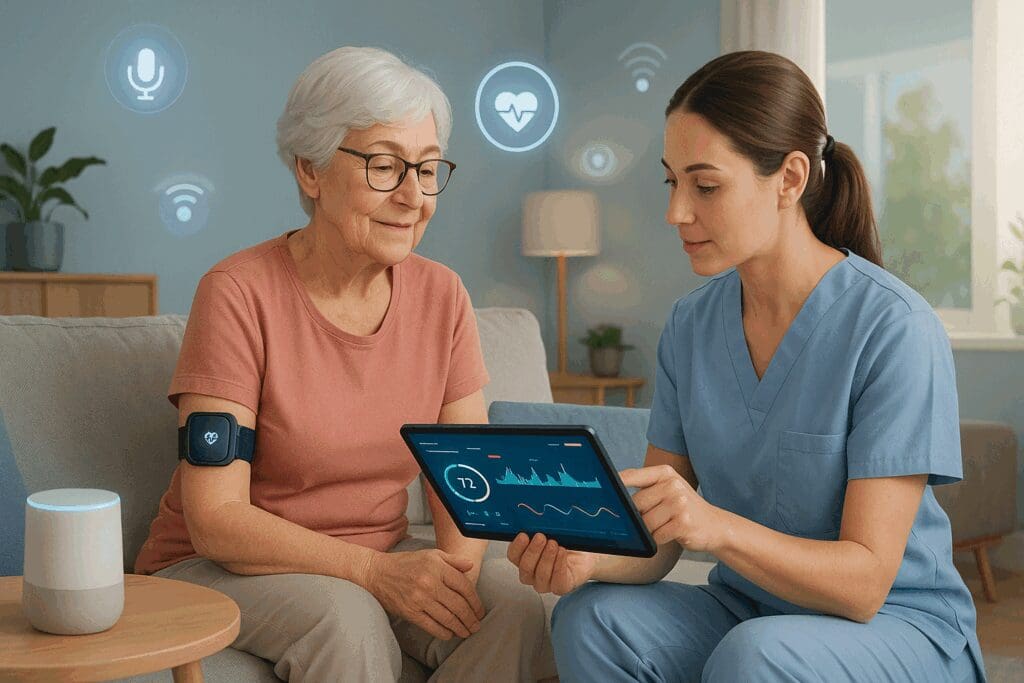 Futuristic living room where home care carers use wearable health tech and tablets to monitor an elderly woman’s vitals.









