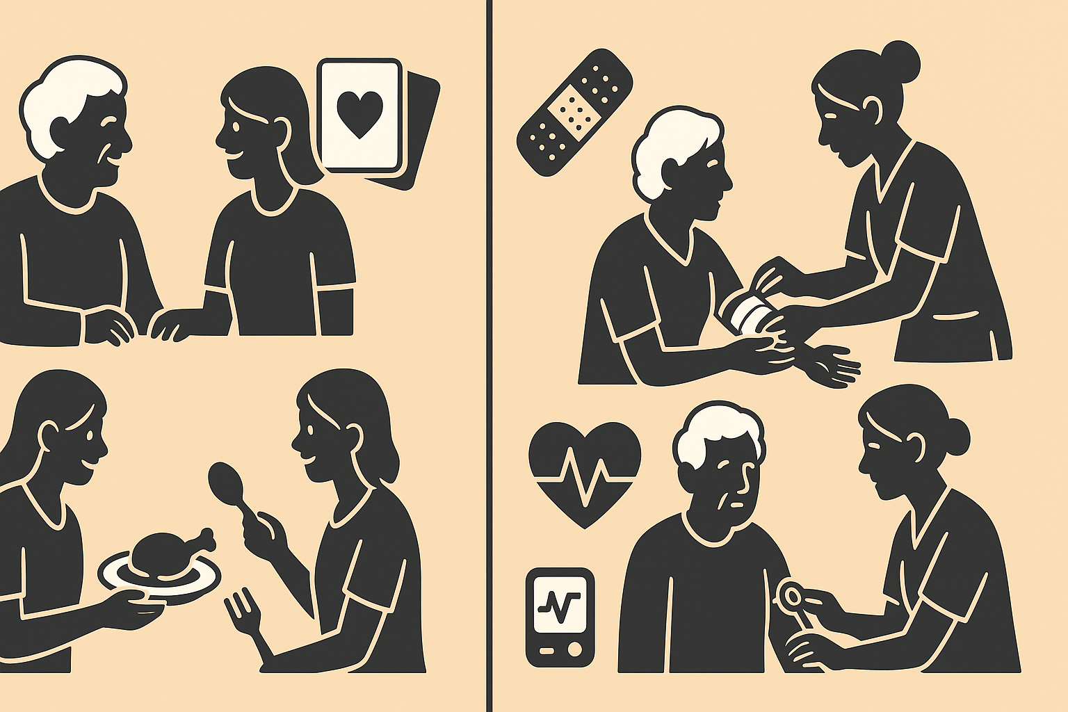 Split-screen infographic showing home care carers providing companionship through meals and conversation versus medical caregivers doing wound care and health checks