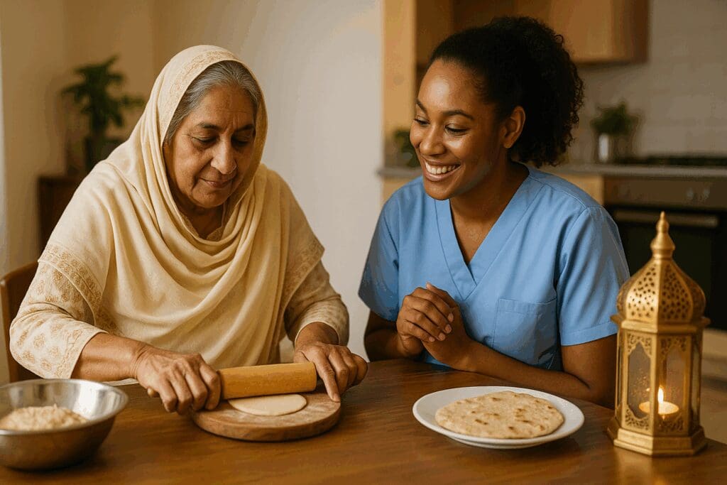 Home care carers and an elderly woman of South Asian descent preparing traditional flatbread together in a warm, inclusive kitchen setting.

