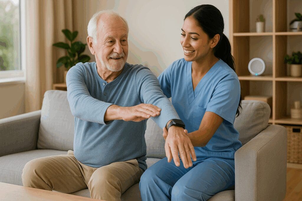 Caregiver providing home care assistance to an elderly man during light mobility exercises in a modern living room with smart health technology.

