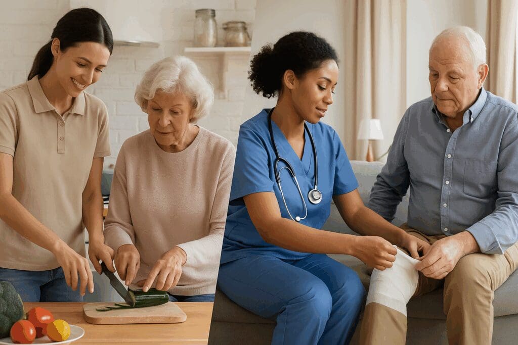 Home care assistance with a caregiver helping a senior prepare a meal alongside a nurse providing in-home medical care to an older adult.