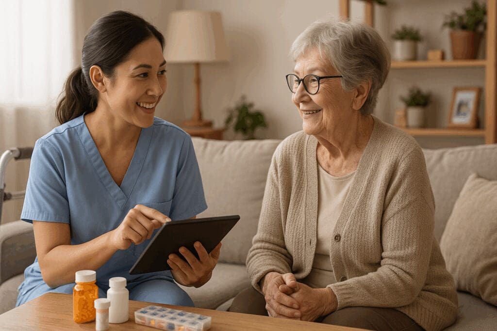 Caregiver providing home care assistance to a smiling elderly woman while using a tablet for a wellness assessment in a cozy living room.

