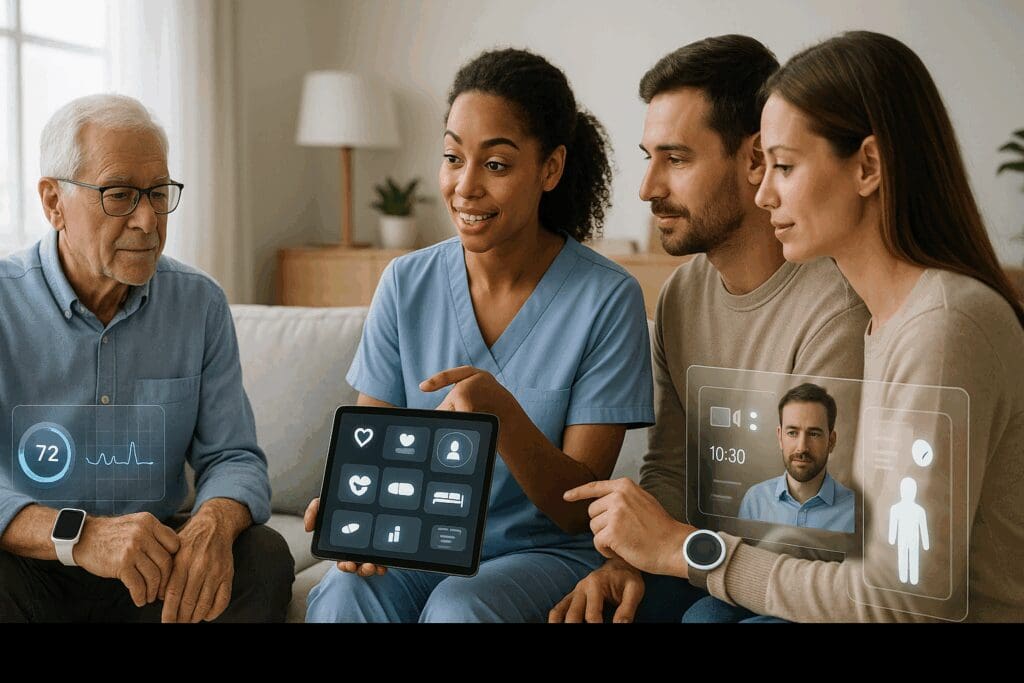 Caregiver demonstrating a digital tablet with home care assistance features to a family, with a senior wearing wearable health tech nearby.

