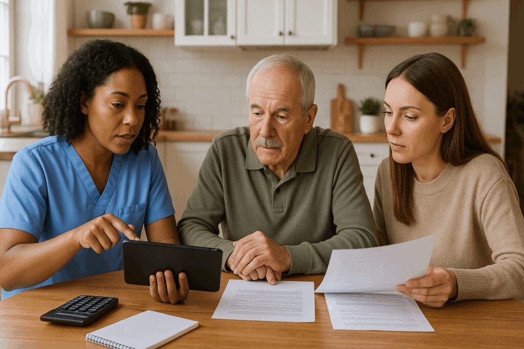 Family receiving home care assistance at kitchen table while reviewing documents with a healthcare representative

