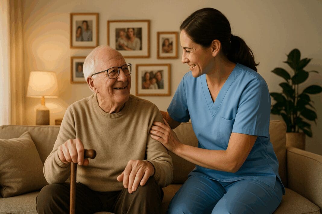 Smiling elderly man receiving compassionate support from a caregiver in a cozy living room, symbolizing trusted service from a home care agency near me.