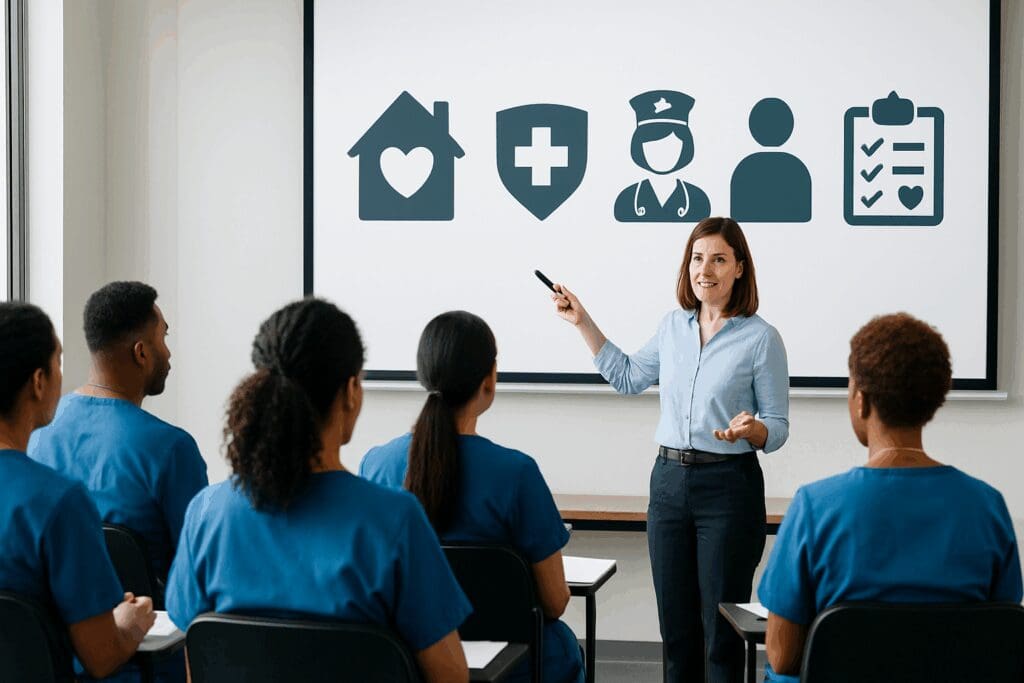 Diverse caregivers attending a training session at a home care agency near me, with healthcare icons on a screen in a modern classroom.








