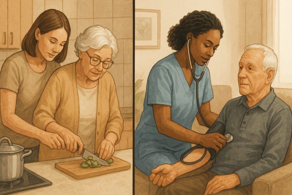 Caregiver assisting elderly woman with meal prep beside a nurse checking vitals, showing services from a home care agency near me.








